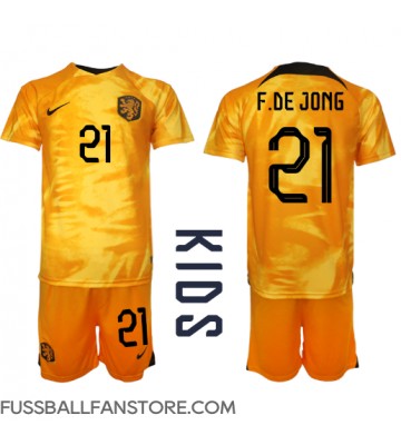 Niederlande Frenkie de Jong #21 Replik Heimtrikot Kinder WM 2022 Kurzarm (+ Kurze Hosen)
